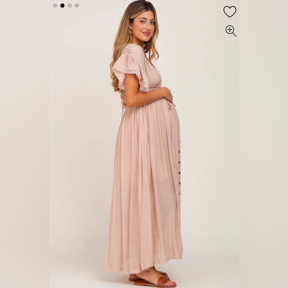 Light Pink Deep V-Neck Button Down Maternity Maxi Dress - Picture 2 of 4